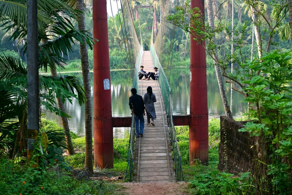 People walk along a scenic bridge.